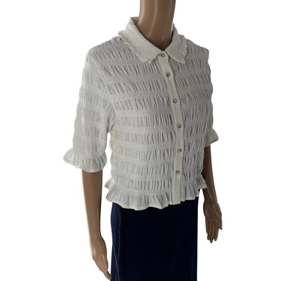 Anthropologie Maeve White Smocked Button Front Top - Picture 7 of 11